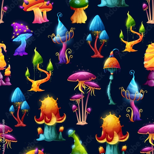 Seamless pattern. Fairy fantasy mushrooms and magic toadstools vector background. Cartoon luminous mushroom with acid caps, blue neon and purple toxic luminescent amanita or fungi in witch forest
