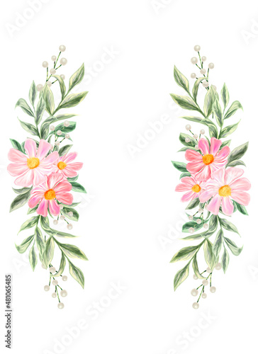 Spring flowers. Isolated frame for design of invitations  cards. Arrangement of pink and white wildflowers in the form of a wreath.