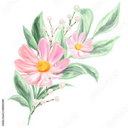 Bouquet of spring flowers. Isolated botanical illustration for design of invitations, greeting cards. Composition of pink and white wildflowers.