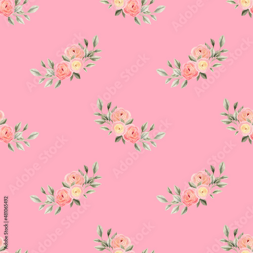 Spring flowers seamless pattern. Botanical background. Arrangement of pink and white wildflowers. © iuvmiro
