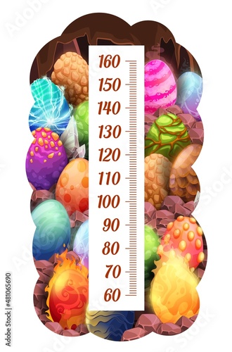 Kids height chart with cartoon dinosaur or dragon eggs in cave. Growth meter vector sticker or ruler scale for children growth measuring. Dinosaur and dragon eggs with fire flames