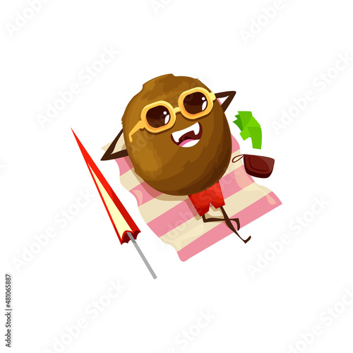 Coconut resting on towel at beach isolated funny cartoon character. Vector tropical coconut lying in sunglasses, umbrella and pocket bag. Nut food on summer holidays, emoticon on vacation
