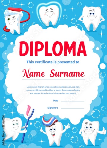 Dental care diploma, cartoon clean teeth with toothbrush and toothpaste, vector certificate. Education diploma award with smiling tooth character in toothpaste sparkling bubbles