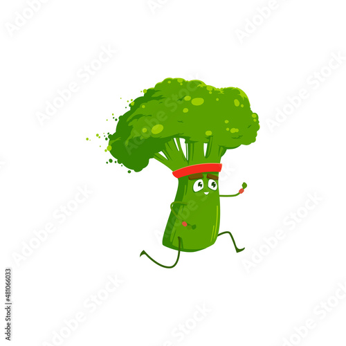 Cartoon broccoli sportsman running, vector icon, funny vegetable character sport exercises, race on stadium isolated on white background. Healthy food run, sports lifestyle, organic nutrition symbol