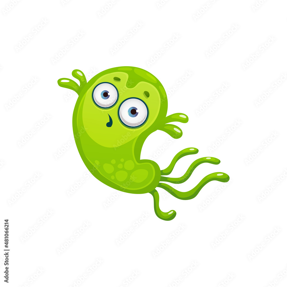 Fototapeta premium Cartoon virus cell vector icon, cute green bacteria, astonished germ character with funny face. Smiling pathogen microbe with big eyes and long flagella, isolated micro organism symbol