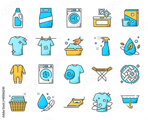 Washing and dry cleaning color line vector icons, laundry service. Clothes cleaning and washing symbols with detergent and fabric softener, hand wash and ironing for delicate clothes and towels
