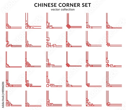 Chinese red frame corners and dividers set. Oriental asian ornament embellishment, vintage vector line borders. Ornamental outline dividers, square frames corners for holiday, invitation cards decor