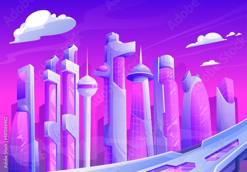 City of future in evening sunset. Futuristic fantasy skyscrapers metropolis cityscape vector background. Future city in night neon skyline  cyber megapolis buildings of futuristic urban downtown