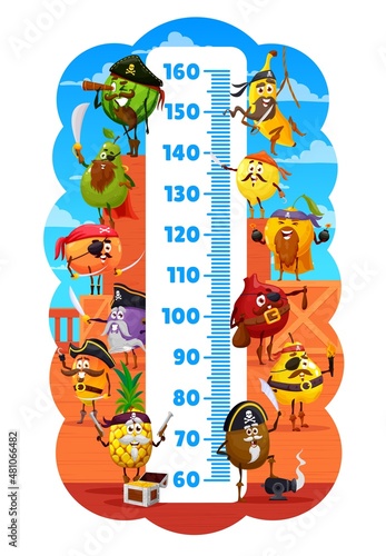 Kids height chart with cartoon fruits pirates, vector growth measure meter. Child height measure scale with pineapple and banana, orange, pear, mango and plum, kiwi, peach in pirate hat on ship aboard