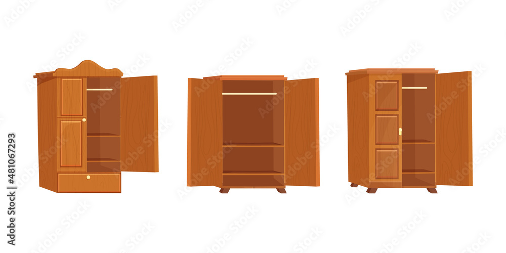 Set Wooden wardrobe empty furniture with shelf in cartoon style isolated on white background. Cupboard, drawer interior object. Set Wooden wardrobe empty furniture with shelf in cartoon style isolated on white background. Cupboard, drawer interior object.