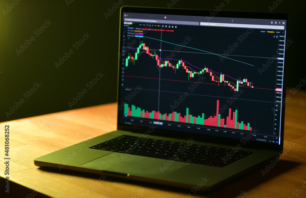 Cryptocurrency coin price evolution. A trader is viewing the graph on the crypto exchange stock market through a laptop screen. Cryptocurrency coin price evolution. A trader is viewing the graph on the crypto exchange stock market through a laptop screen.