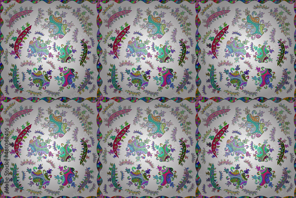 Seamless pattern with interesting doodles on colorfil background. Pano. Raster illustration.