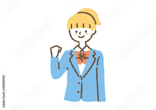 ガッツポーズをする女子学生_色