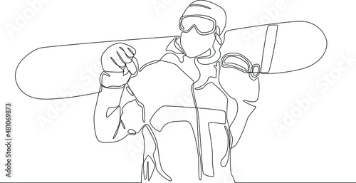 Simple continuous line drawing a people playing snowboarding and make celebration after winner in winter Olympic. Draw in black and white background. Winter Olympic. Winter Games. Vector illustration.
