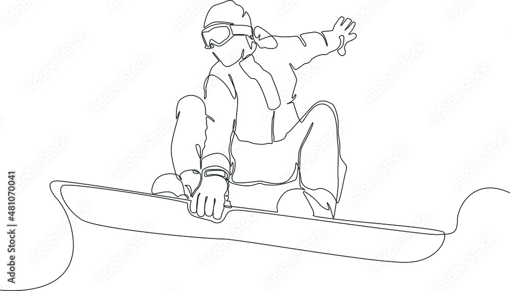 Simple continuous line drawing a people playing snowboarding and make attraction in winter Olympic. Draw in black and white background. Winter Olympic. Winter Games. Vector illustration. - obrazy, fototapety, plakaty 