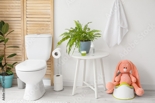 Toilet bowl, table with hou...