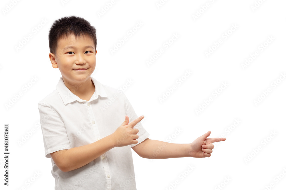 Kid smiling with fingers pointing aside and presenting Kid smiling with fingers pointing aside and presenting