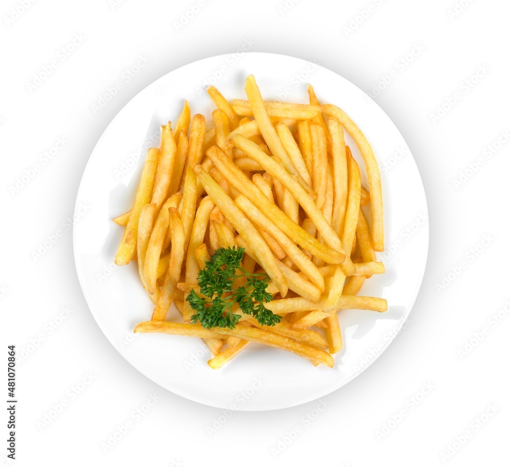 Fresh french fries in plate. Unhealthy Eating concept Fresh french fries in plate. Unhealthy Eating concept
