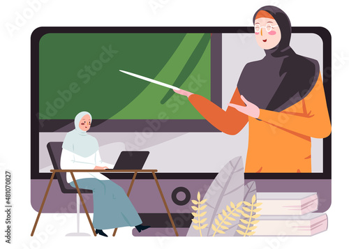 Hybrid learning online study teacher in screen with student wearing veil hijab scarf digital school
