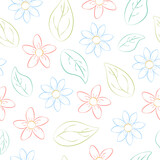 Pattern. Bright seamless pattern with the image of multicolored flowers and green leaves. A pattern drawn by hand with a pencil. Vector illustration on a white background