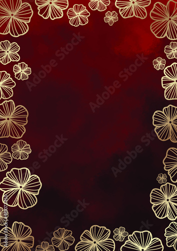 Gold flower doodle on red background for decoration on Chinese new year and oriental art concept.