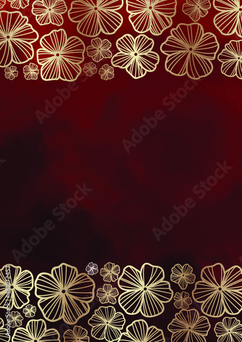Gold flower doodle on red background for decoration on Chinese new year and oriental art concept.