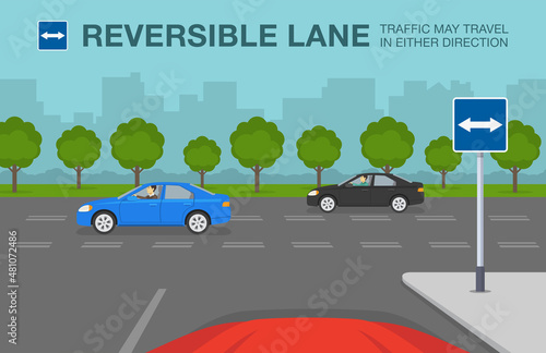 Safety car driving and traffic regulating rules. Car is reaching the intersection with reversible lane. Sign indicates that traffic may travel in either direction. Flat vector illustration template.