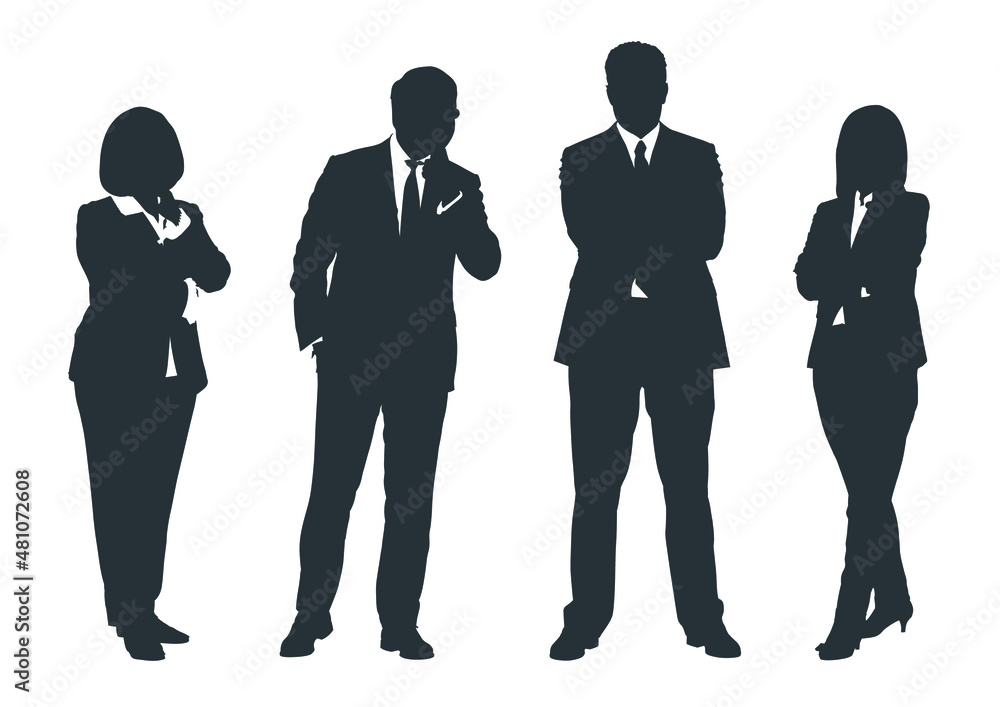 Business people group gray silhouettes pose on white background, flat line vector and illustration.