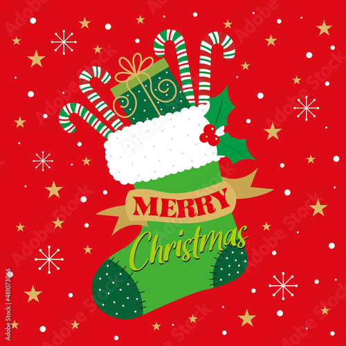 christmas greeting card with stocking and decorations