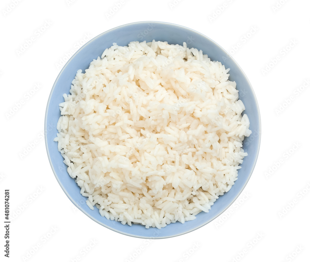 Bowl with tasty boiled rice on white background Bowl with tasty boiled rice on white background