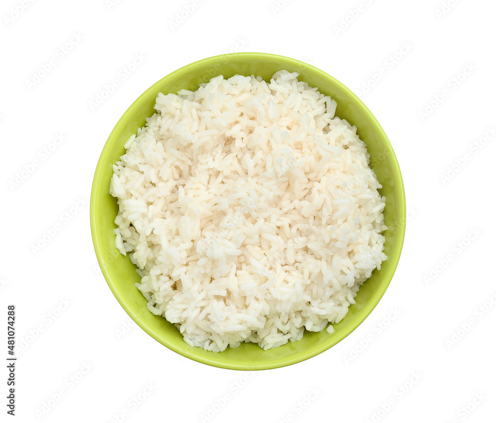 Bowl with tasty boiled rice on white background Bowl with tasty boiled rice on white background