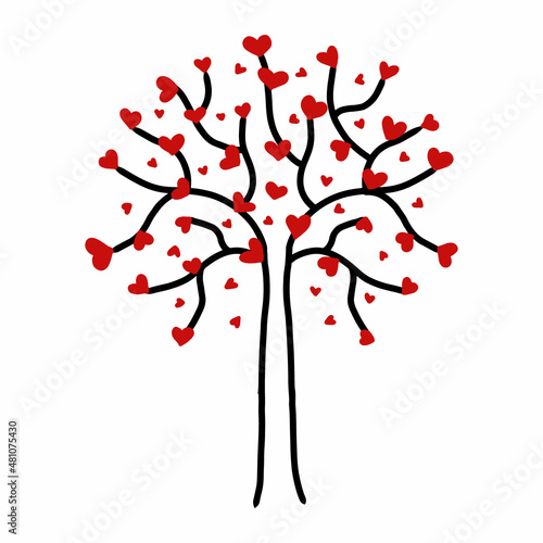 Vector illustration of a tree with hearts instead of leaves. Tree for Valentine's Day. Doodle style.