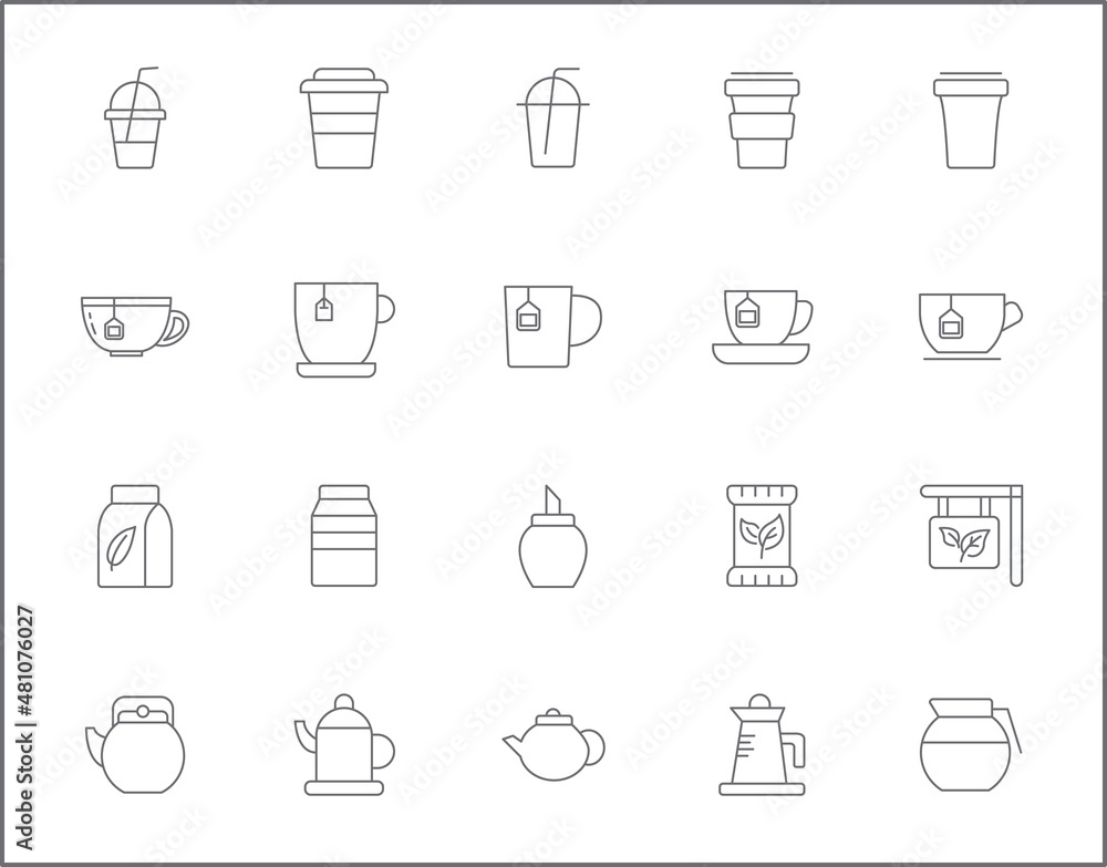 Set of tea and drink icons line style. It contains such Icons as star anise, infusion bags, tea strainer, green tea, nature, herbal, rooibos and other elements. Set of tea and drink icons line style. It contains such Icons as star anise, infusion bags, tea strainer, green tea, nature, herbal, rooibos and other elements.