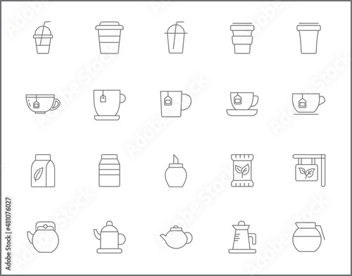 Set of tea and drink icons line style. It contains such Icons as star anise, infusion bags, tea strainer, green tea, nature, herbal, rooibos and other elements.