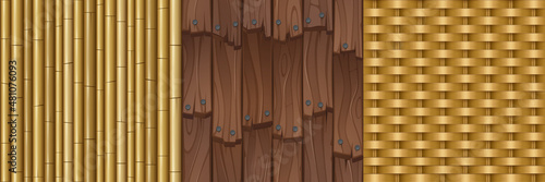 Textures with wooden boards, bamboo sticks and wicker. Vector cartoon set of seamless patterns with woven rattan, old roof tile with wood planks and nails, cane wall