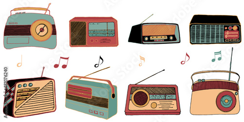 Vector set with different retro radio in cartoon graphic style from 90s. Hand- drawn illustration old-fashioned audio devices for design music shop, wrapping paper, package.