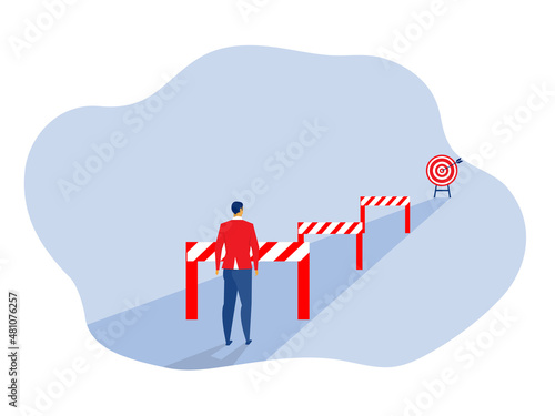 Businessman looking way  with Overcoming obstacle on road forward to goal .Vector illustration cartoon design