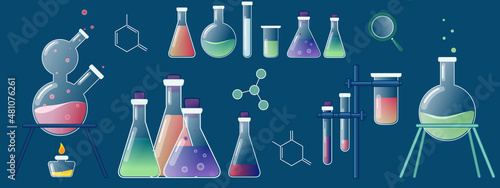 Set of laboratory elements: glass flasks, vials, test-tubes with substance and reagents. Flat illustration. Hand-drawn illustration for web design, for design of scientific book.