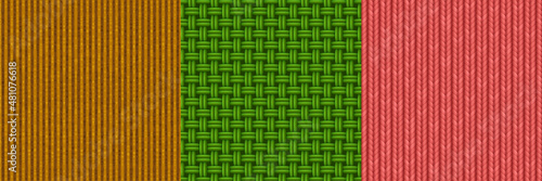 Textures of woven fabric, corduroy and knit. Vector cartoon set of seamless patterns with textile weave, velvet and knitting material. Fiber weaving, velveteen and knitwear texture