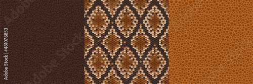 Textures of snake, crocodile or lizard skin. Seamless patterns with wild animals leather print. Vector background set of luxury fashion material from reptiles, python or rattlesnake spotted skin