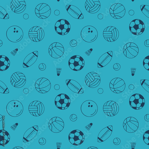 sport seamless pattern. balls hand drawn doodle. vector, scandinavian, nordic, minimalism, monochrome. sports equipment, game, football, basketball, volleyball, baseball, bowling, tennis, rugby.