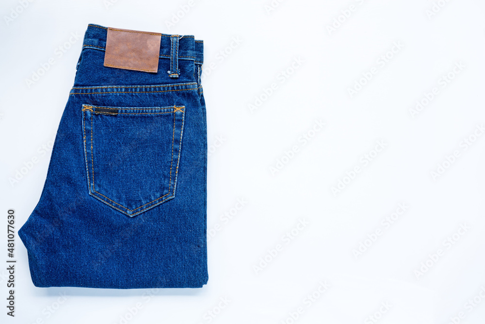 blue jeans trouser on a white background show back pocket in store and supermarket.concept fashion dress jeans. blue jeans trouser on a white background show back pocket in store and supermarket.concept fashion dress jeans.