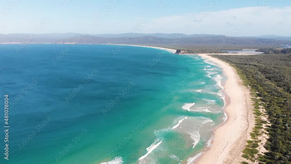 Forward Flying Drone Shot Of Wonboyn Beach Next To Ben Boyd National Park And The Australian Town of Eden. New South Wales, Australia Forward Flying Drone Shot Of Wonboyn Beach Next To Ben Boyd National Park And The Australian Town of Eden. New South Wales, Australia