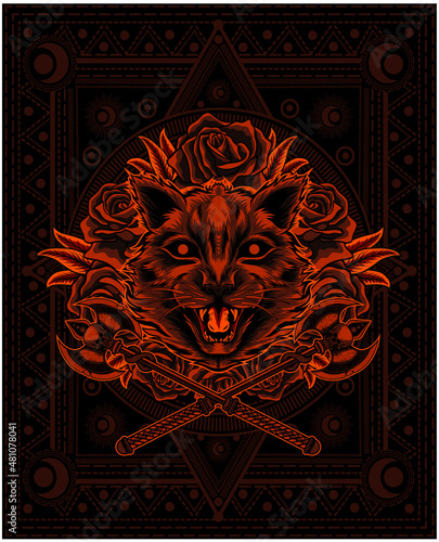 illustration cat head and rose flower