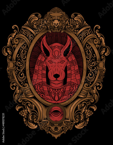 illustration anubis with engraving ornament frame