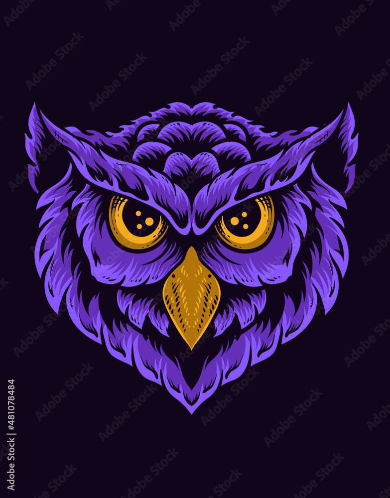 illustration owl bird head on black background