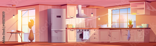 Abandoned retro kitchen, empty interior with broken or cracked wooden furniture, dirty stuff table, oven, range hood, fridge, decrepit cooking equipment and spiderweb, Cartoon vector illustration