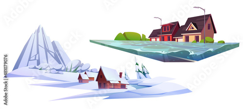 Calamity, natural disasters flood and snow avalanche nature cataclysms icons with houses, water flow or snowslide. Extreme weather consequences in mountain resort and town, Cartoon vector illustration
