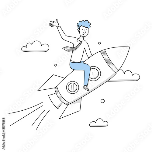 Businessman flying on rocket up to sky. Business concept of startup, goal achievement, ambition task, trend, successful career boost, progress and leadership, Line art doodle vector illustration