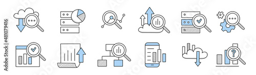 Data analysis doodle icons set. Information cloud storage, magnifying glass, graph, arrow and envelope. Server, cogwheels and documents, smartphone with column charts, Line art vector illustration